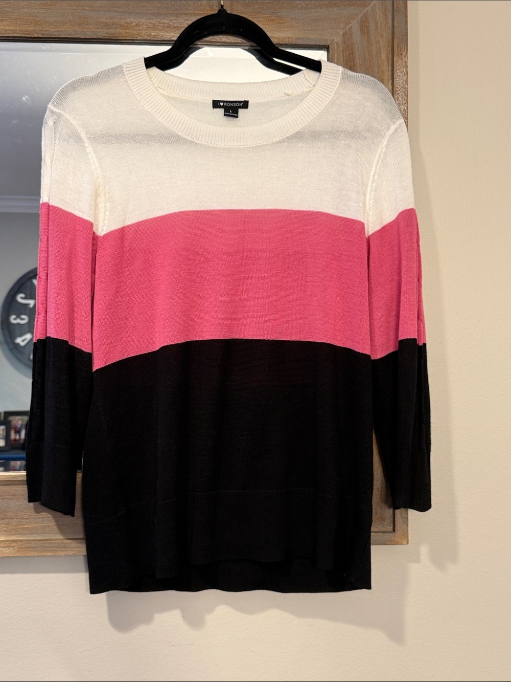 I Heart Ronson White Pink Black Colorblock Crewneck Sweater
